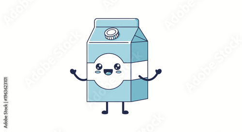 Cartoon milk carton character smiling face.