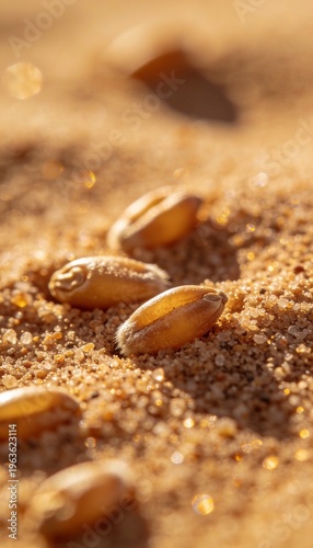 Golden Grains on Sandy Ground: Close-up of golden grains of wheat, scattered on a textured sandy ground, with sunlight creating a warm, earthy tone. 
