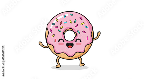 Cartoon pink donut with sprinkles smiling.