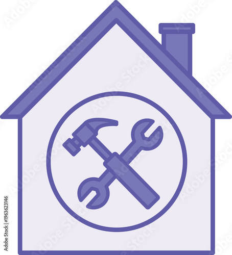 Colored Home Repair Icon. Vector Icon. House Building, Wrench, and Hammer. Restoring and Improving Living Space. Repair Conceptn