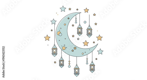 Crescent Moon with Stars and Lanterns.