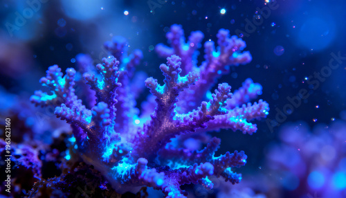 Underwater Beauty: The vibrant, intricate structure of a coral reef thrives in an aquatic ecosystem, illuminated by radiant blue light. Capturing the ocean's mesmerizing allure