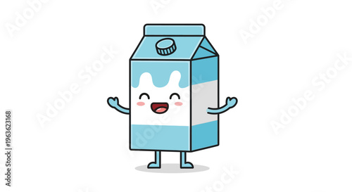Cartoon milk carton character smiling happy.