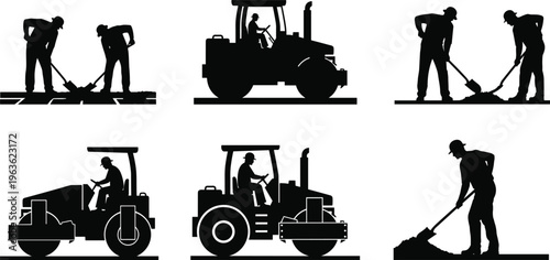 Solid Black Silhouette Set of Road Roller Machinery and Manual Workers with Shovels for Civil Engineering Paving Site Maintenance Infrastructure and Highway Construction