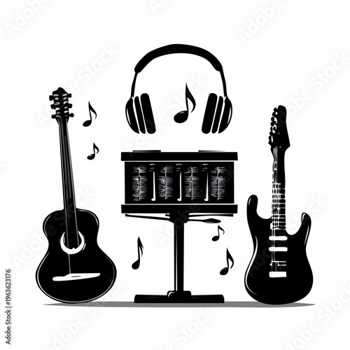 Guitars Headphones Music Notes Music Stand.