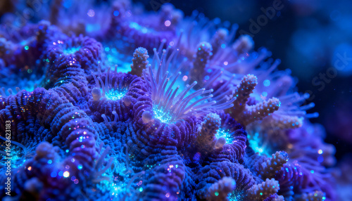 Underwater Coral's Vivid Life: A mesmerizing macro shot unveils the vibrant hues and intricate structures of a flourishing underwater coral reef, a testament to the ocean's biodiversity and beauty.