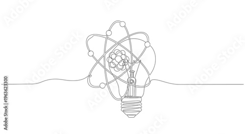 Atom Light Bulb Idea, Continuous Line Drawing