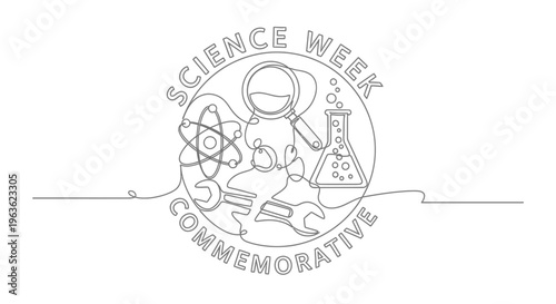Science Week Commemorative Emblem: Astronaut, Atom, Flask, Wrench - Continuous Line Art