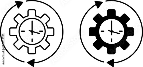 Restore Icons. Line and Glyph Vector Icons. Gear, Clock, and Rotating Hands. Restore to Original Condition. Repair and Service Concept