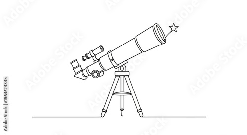 Continuous line drawing of a telescope observing a star on white background