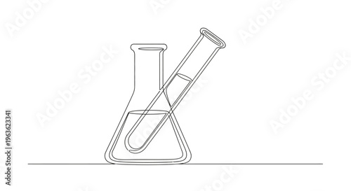 Minimalist Line Art: Two Glass Flasks, One Inside Another, Science Lab Concept