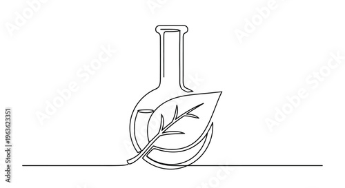 Biotechnology concept: flask with leaf, science and nature line art