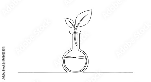 Minimalist one line drawing of a plant growing in a laboratory flask
