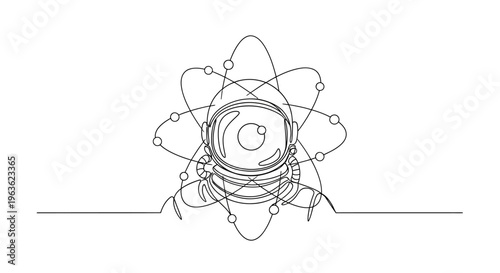 Astronaut Helmet with Atomic Orbitals, Line Art Illustration