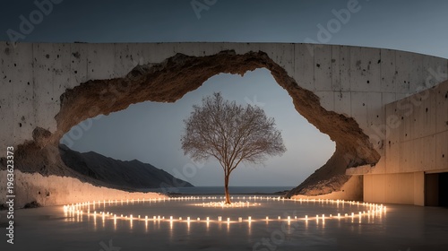 shattered observatory with tree and candles at night