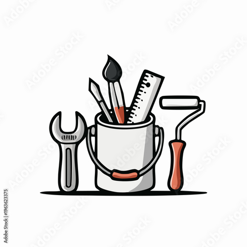 Paintbrushes and Tools in Bucket.