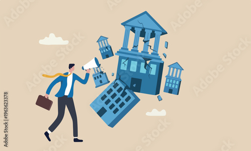 Banking bankruptcy credit risk, failure or investment failure concept, frustrated businessman look at collapsing bank building