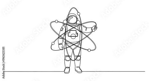 Astronaut holding atom model, science and space exploration concept, vector illustration