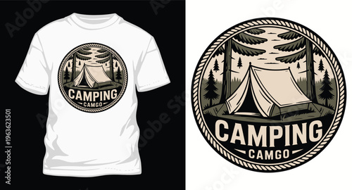 Camping t-shirt design with tent and logo
