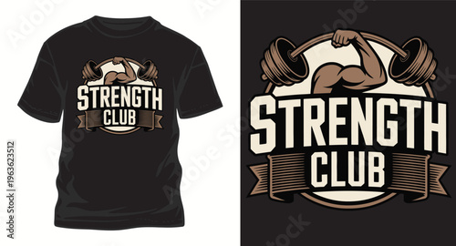A black t-shirt with a strength club logo on the front