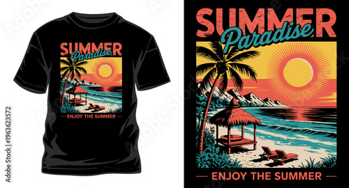 Summer paradise t-shirt design with beach scene