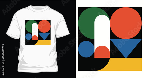 A white t-shirt with a colorful abstract design on the front