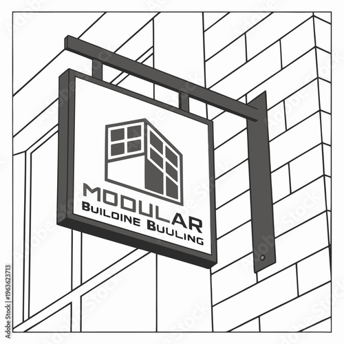 Modular building sign mounted on brick wall outdoor architectural logo