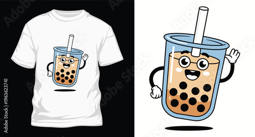 A cartoon boba tea character on a t-shirt
