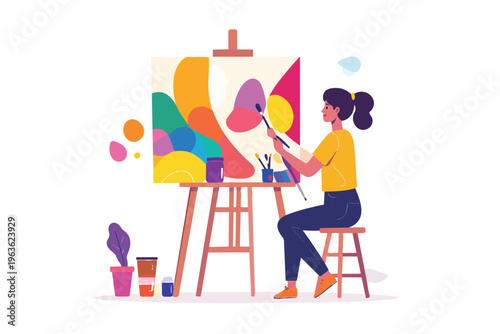 Girl painter creating modern art in studio workspace illustration