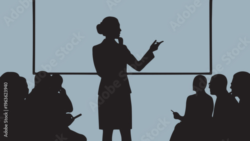 Professional business presentation silhouette, female speaker giving a seminar to an audience, corporate training workshop and public speaking event