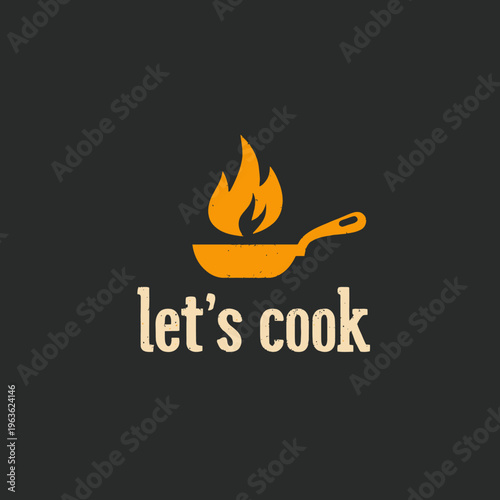 Modern cooking logo design with frying pan and stylized fire flames on a dark background. Culinary emblem for restaurants or food blogs.