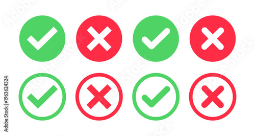Validation icon set with green checkmark and red cross. Flat true or false, approved or rejected, yes or no vector circle symbols. Ideal UI status indicators for forms, success, error and feedback.