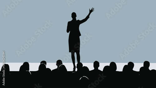 Professional business woman silhouette speaking on stage, female public speaker addressing a large audience, corporate presentation vector