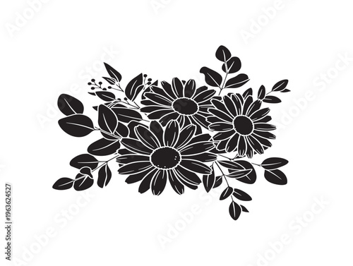 Beautiful daisy and eucalyptus arrangement silhouette for clean botanical artwork
