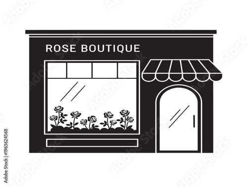 Elegant rose boutique storefront silhouette with charming floral window display