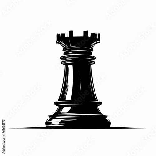 Black Chess Rook Piece Isolated on White.