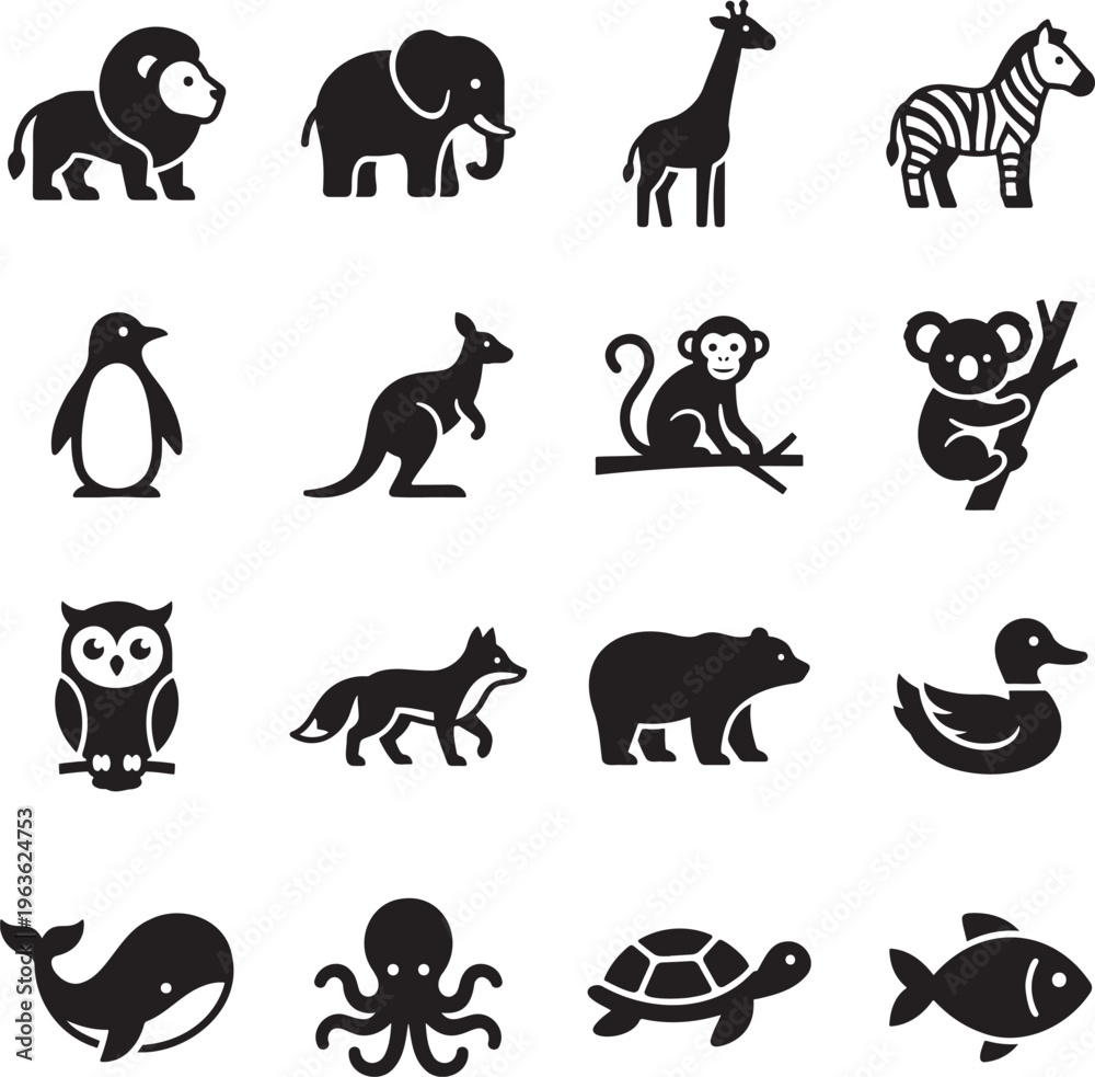 Fototapeta premium Collection of stylized animal icons for graphic design and education