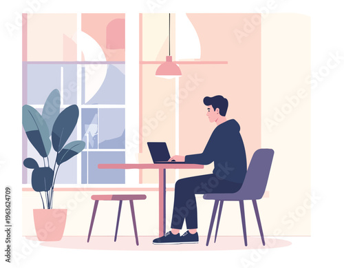 man in cafe use laptop, vector art work