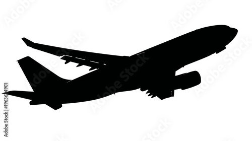 Commercial airplane silhouette taking off, ascending into sky. Global travel, aviation, air transport concept on white background.