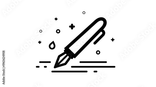 Minimal Fountain Pen Writing Icon with Ink Drop. Black and White Line Art Vector Illustration for Creative Content
