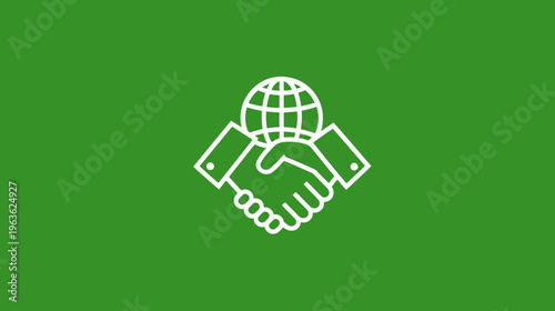 Global Partnership Handshake Icon on Green Background. International Business, Worldwide Cooperation, Agreement, and Sustainable Deal.