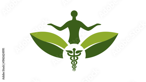 Green holistic health and wellness symbol featuring a balanced human figure, natural leaves, and medical caduceus staff icon.