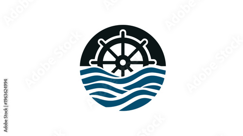 Nautical ship's wheel and ocean waves icon. Maritime helm symbol for navigation, sailing, and sea travel. Vector graphic element.
