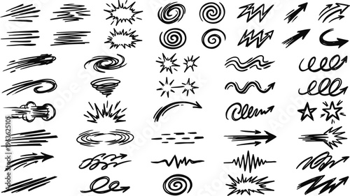 A collection of hand-drawn black arrows and swirls on a white background