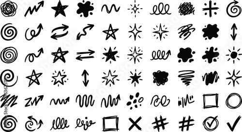 A collection of various black hand-drawn symbols and marks on a white background
