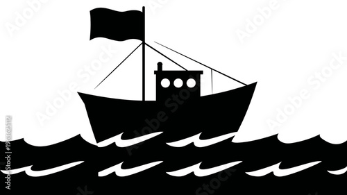 Black and white silhouette of a fishing boat sailing on stylized wavy ocean water, a simple marine vector icon.