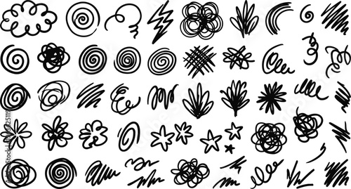 A collection of various hand drawn doodles and scribbles on a white background