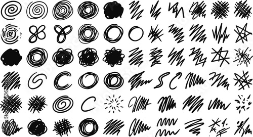 A collection of various black scribbles and doodles on a white background