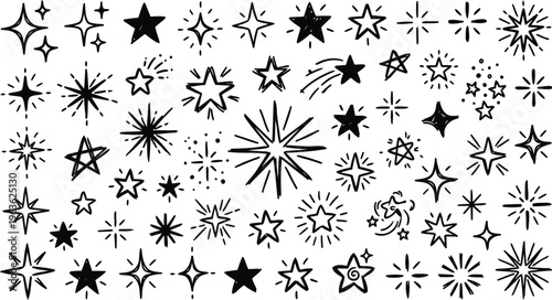 A collection of various black star shapes and designs on a white background