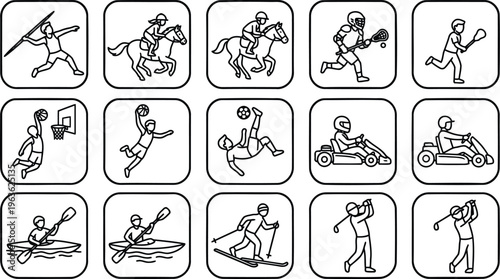 A collection of various sports icons in black and white line art style